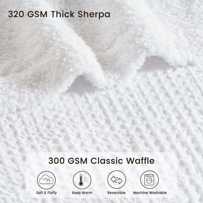 PHF Waffle Sherpa Blanket Queen Size (230cm x 230cm), Luxury Plush Flannel Fleece for Winter, Reversible & Cozy Soft, White - Image 5