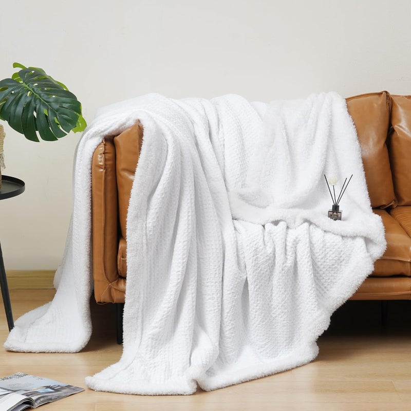 PHF Waffle Sherpa Blanket Queen Size (230cm x 230cm), Luxury Plush Flannel Fleece for Winter, Reversible & Cozy Soft, White - Image 4