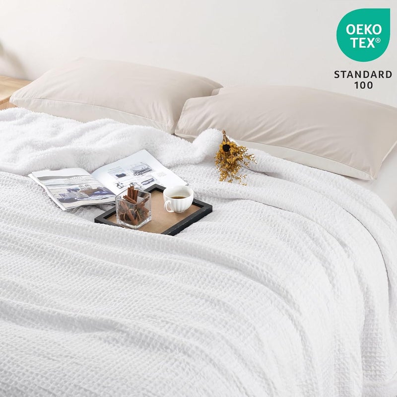 PHF Waffle Sherpa Blanket Queen Size (230cm x 230cm), Luxury Plush Flannel Fleece for Winter, Reversible & Cozy Soft, White - Image 3
