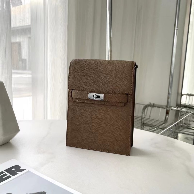 Genuine Leather Kelly Vertical Mobile Phone Bag Simple Top Layer Litchi Pattern Single Shoulder Oblique Cowhide Women'S All-Match Silver Button Bag - Image 1