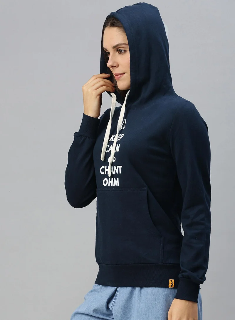 Campus Sutra Women's Navy Blue Chant-Ohm Print Pullover Hoodie