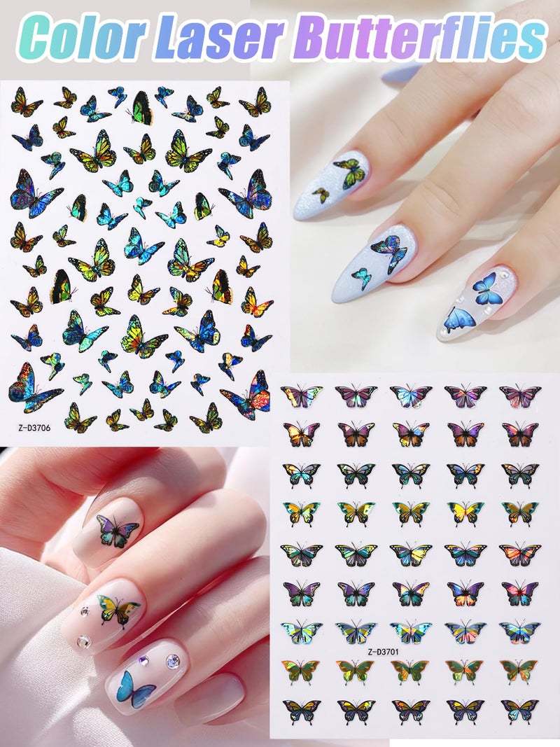 TOROKOM 12 Sheets Butterfly Nail Art Stickers, 3D Self-Adhesive Nail Decals with Colorful Laser Butterflies Designs for DIY Manicure Decor - Image 2