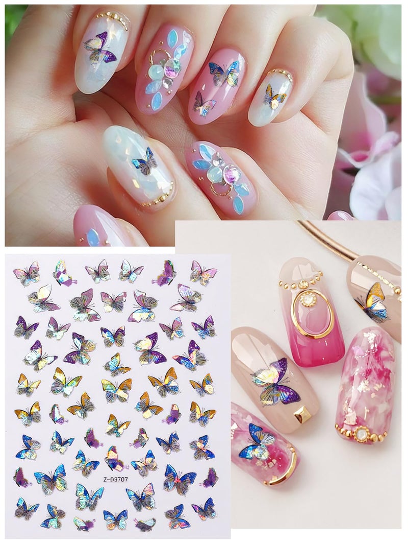TOROKOM 12 Sheets Butterfly Nail Art Stickers, 3D Self-Adhesive Nail Decals with Colorful Laser Butterflies Designs for DIY Manicure Decor - Image 3