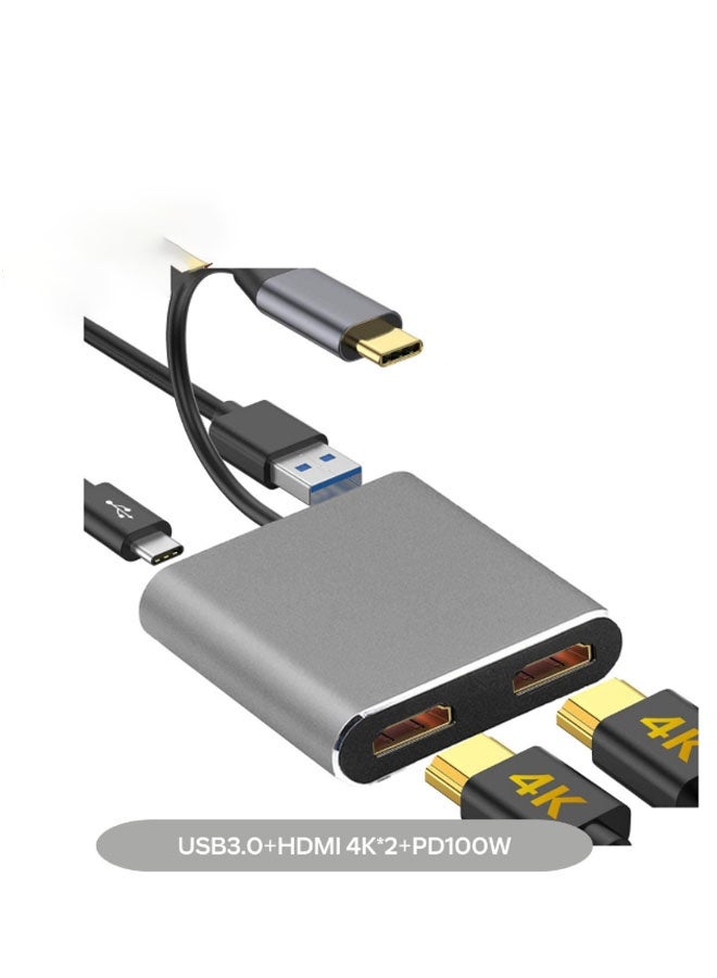 CX Type-C to dual HDMI/USB/USB-C 4-in-1 dual HDMI 4K hub/splitter, type-C to dual HDMI expansion dock HD (gray) - Image 1