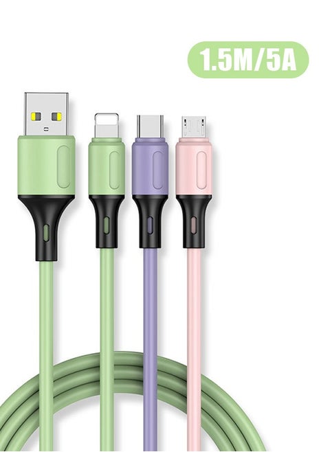 3 in 1 USB Super Fast Charging Cable 1.5M/5A, Soft Silicone Type-C Lightning Port Universal Charger Cable with indicator light, Compatible with Laptop/Tablet/Phone (Colorful)