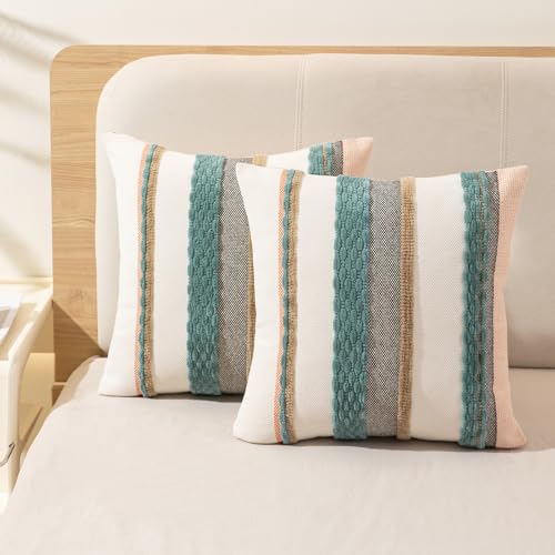 WANLIRD Boho Throw Pillow Covers 18x18 Set of 2 Farmhouse Decorative Cushion Case Striped Square Pillows Cover Chenille Pillow Cases Accent Neutral Pillowcase for Sofa Couch Bed,Blue - Image 5