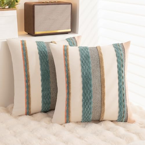 WANLIRD Boho Throw Pillow Covers 18x18 Set of 2 Farmhouse Decorative Cushion Case Striped Square Pillows Cover Chenille Pillow Cases Accent Neutral Pillowcase for Sofa Couch Bed,Blue - Image 4