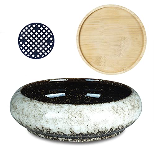 ARTKETTY Succulent Pots - 7.3 Inch Ceramic Bonsai Pot with Tray, Large Succulent Planters with Drainage, Shallow Planter for Indoor Cactus Plants Decorative Flower Plant Container Bowl - Image 2