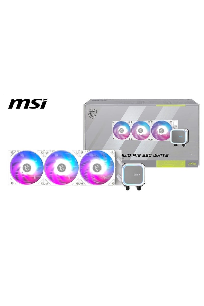 إم اس أي MSI MAG CORELIQUID A13 360mm أبيض ARGB مبرد سائل لوحدة المعالجة المركزية، ثلاث مراوح CycloBlade PWM بحجم 120mm، مشعاع بحجم 394mm، لوحة باردة نحاسية، تصميم تدفق مقسم، أنابيب EPDM، دعم LGA 1700/1851، AM4/AM5، مضخة منخفضة الضوضاء، مزامنة Mystic Light | 306-7ZWDA21-L80 - Image 1