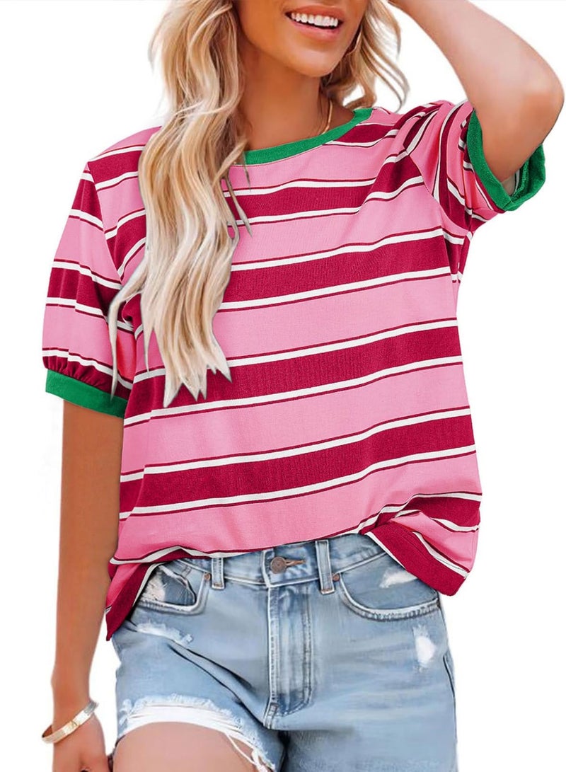 Lafural Womens Tops Cotton Casual Color Block Striped Short Sleeve Shirts Crewneck T Shirts Loose Basic Tee Blouses Pink Red S - Image 1