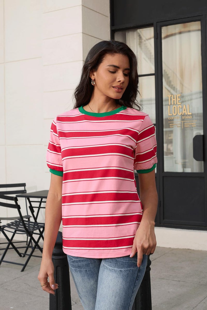 Lafural Womens Tops Cotton Casual Color Block Striped Short Sleeve Shirts Crewneck T Shirts Loose Basic Tee Blouses Pink Red S - Image 4