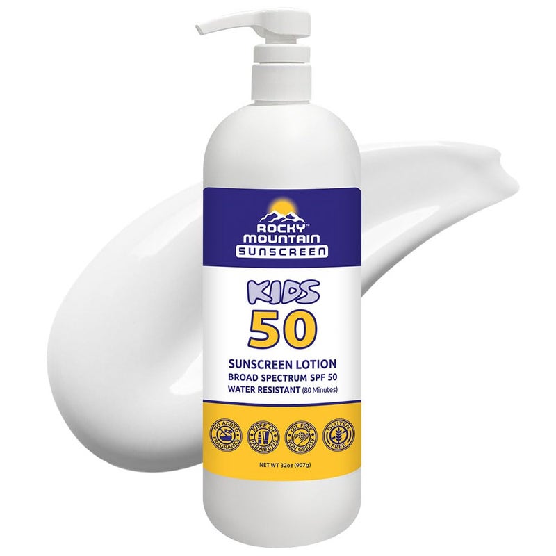 واقي شمس روكي ماونتن | لوشن SPF 50 للأطفال مع حماية واسعة الطيف من UVA/UVB | متوافق مع قانون الشعاب المرجانية هاواي 104 (خالي من الأوكسي بنزون والأوكتينوكات) | مقاوم للماء لمدة 80 دقيقة | ربع جالون مع مضخة (32 أونصة سائلة)