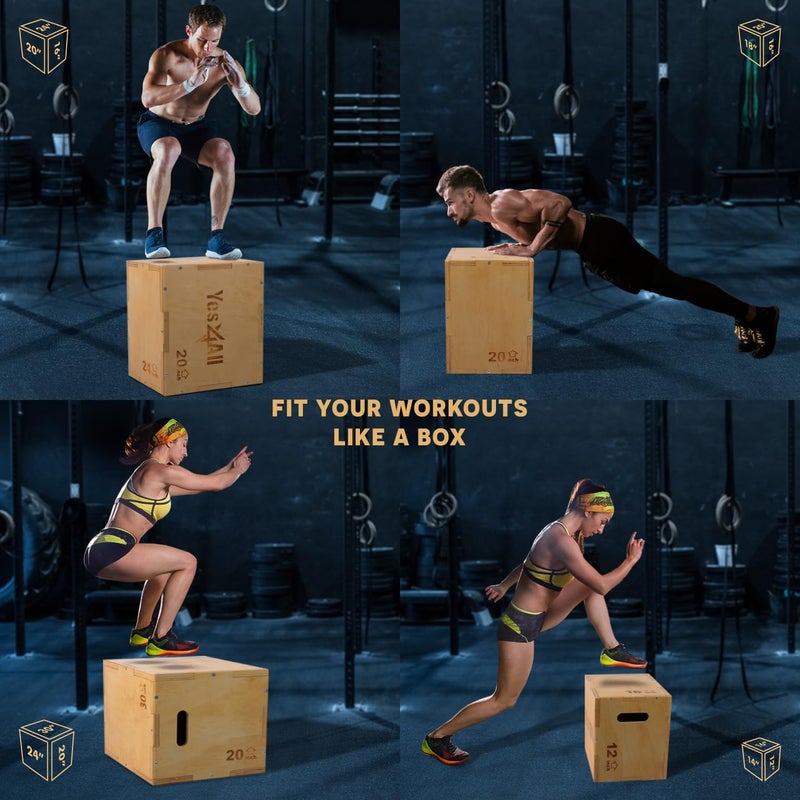 Yes4All Plyo Box, 3-in-1 Wooden Box Jumps for Home Gym (12/14/16â€¯in), 450 lbs Boxes Step Up with Smooth Edges & Wide Built-In Handles for Jumping, Strength Training, Lunges, Squats, Dips - Image 5
