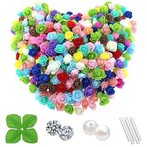 Vignor 500 Pcs 1.4 Inch Mini Artificial Flowers Head Bulk 5 in 1 Set Faux Foam Fake Small Rose Tiny Baby Flores Bouquet Cake Gift Home Decoration DIY Craft (Multiple Mixed Color) - Image 1