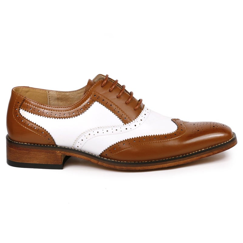 Metrocharm MC118 Men's Two Tone Perforated Wing Tip Lace Up Oxford Dress Shoes (9.5, Tan Brown White) - Image 2