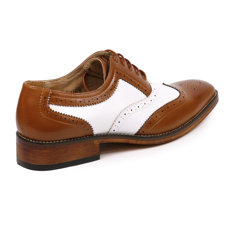 Metrocharm MC118 Men's Two Tone Perforated Wing Tip Lace Up Oxford Dress Shoes (9.5, Tan Brown White) - Image 3