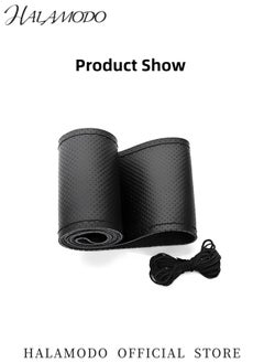 HALAMODO Car Steering Wheel Cover Universal Leather Car Stitch On Wrap Cover DIY Sewing Cover Breathable Anti Slip Car Wheel Cover Protector with Needle & Thread for Most Cars & SUVs  - Image 2