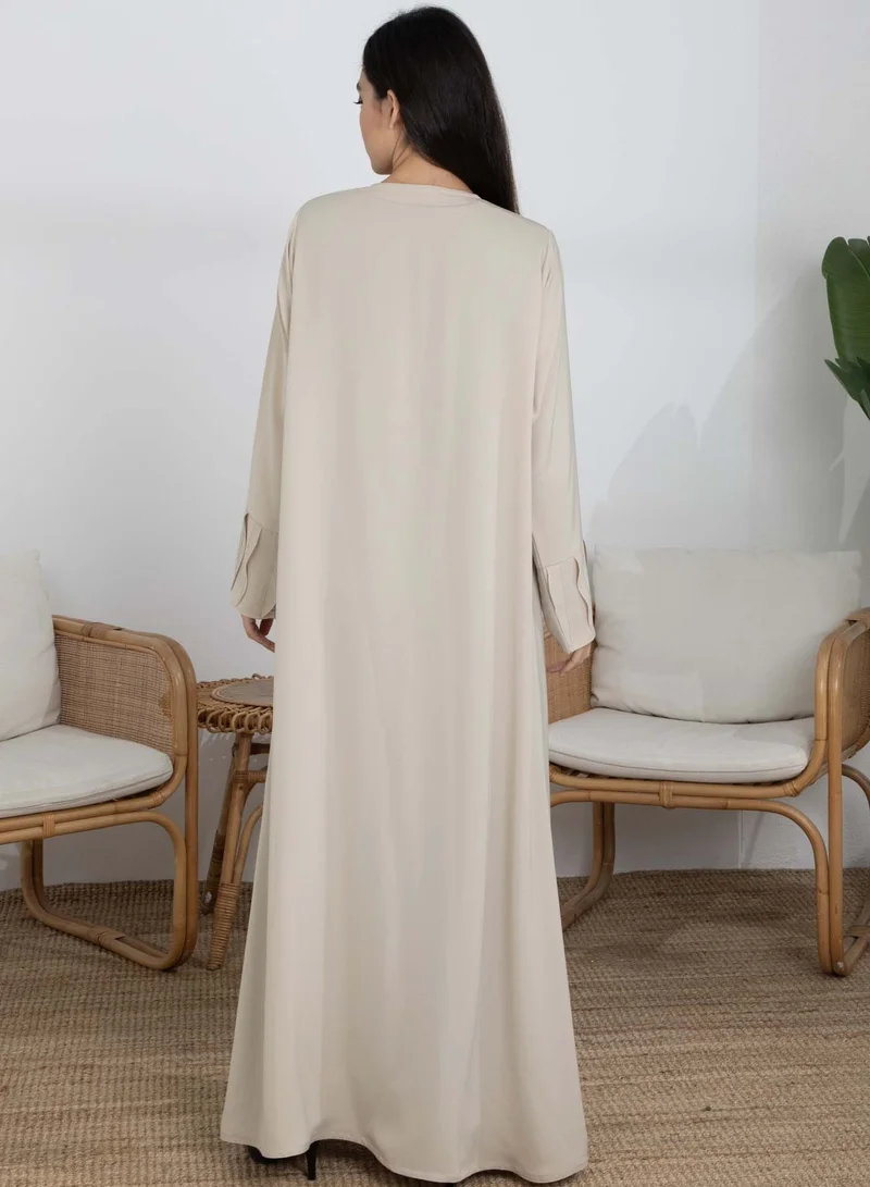 أم سكوير فاشن Beige Korean Nida Abaya with Frilled Cuffs