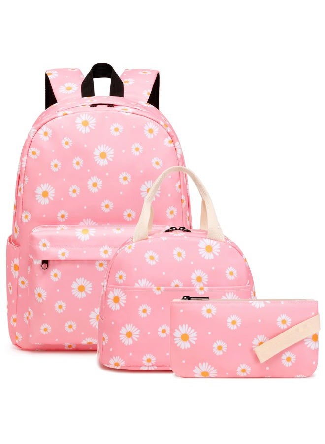 Kouxunt Girls School Backpacks for Kids Teens, 3-in-1 School Bag Bookbags Set with Lunch Bag Pencil Case, Daisy Pink, L, Schoolbag Set - Image 1