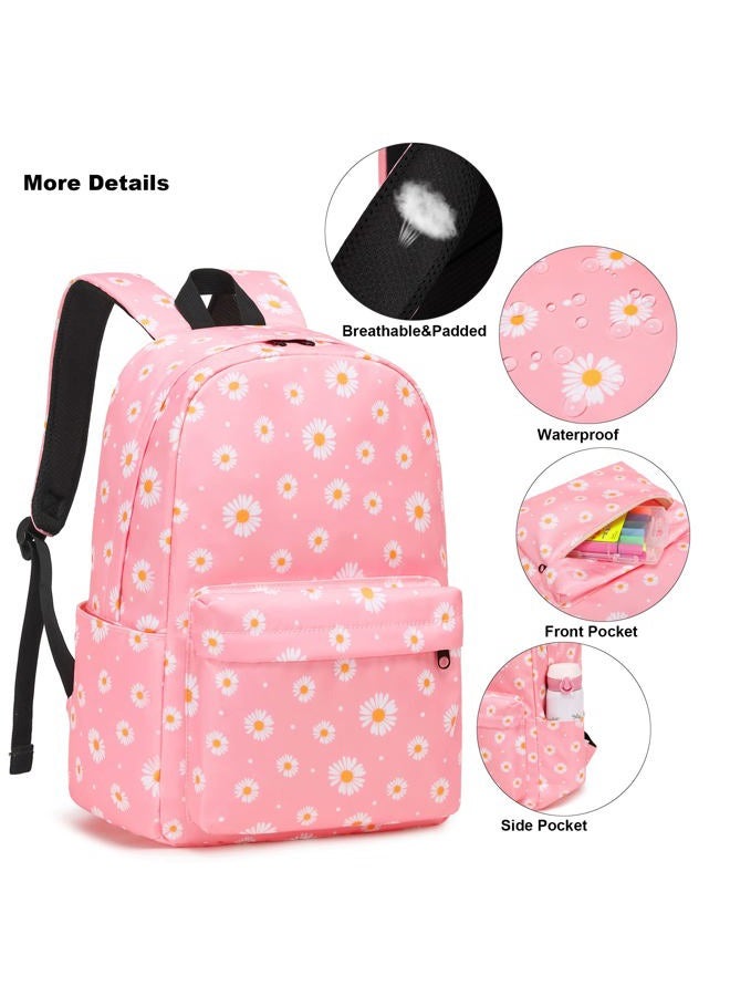 Kouxunt Girls School Backpacks for Kids Teens, 3-in-1 School Bag Bookbags Set with Lunch Bag Pencil Case, Daisy Pink, L, Schoolbag Set - Image 4