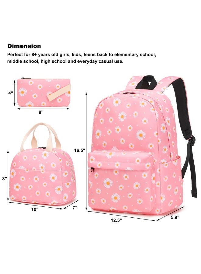 Kouxunt Girls School Backpacks for Kids Teens, 3-in-1 School Bag Bookbags Set with Lunch Bag Pencil Case, Daisy Pink, L, Schoolbag Set - Image 2