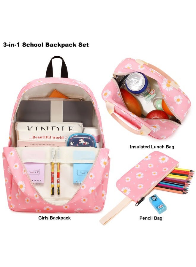 Kouxunt Girls School Backpacks for Kids Teens, 3-in-1 School Bag Bookbags Set with Lunch Bag Pencil Case, Daisy Pink, L, Schoolbag Set - Image 3