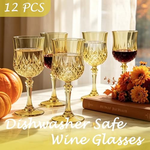 LEYIQU Plastic Wine Glasses, Plastic Goblets Vintage Style Cordial Unbreakable Drinking Glasses, Reusable Drinkware for Wedding Reception, Grand Event Party Supplies (12, Gold) - Image 4