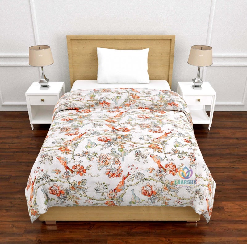 LOARSHY Rajasthani Jaipuri Cotton Single Bed Razai Birds and Floral Hand Block Printed AC Rajai Light Weight Soft Malmal Quilt (Multicolor) - Image 1