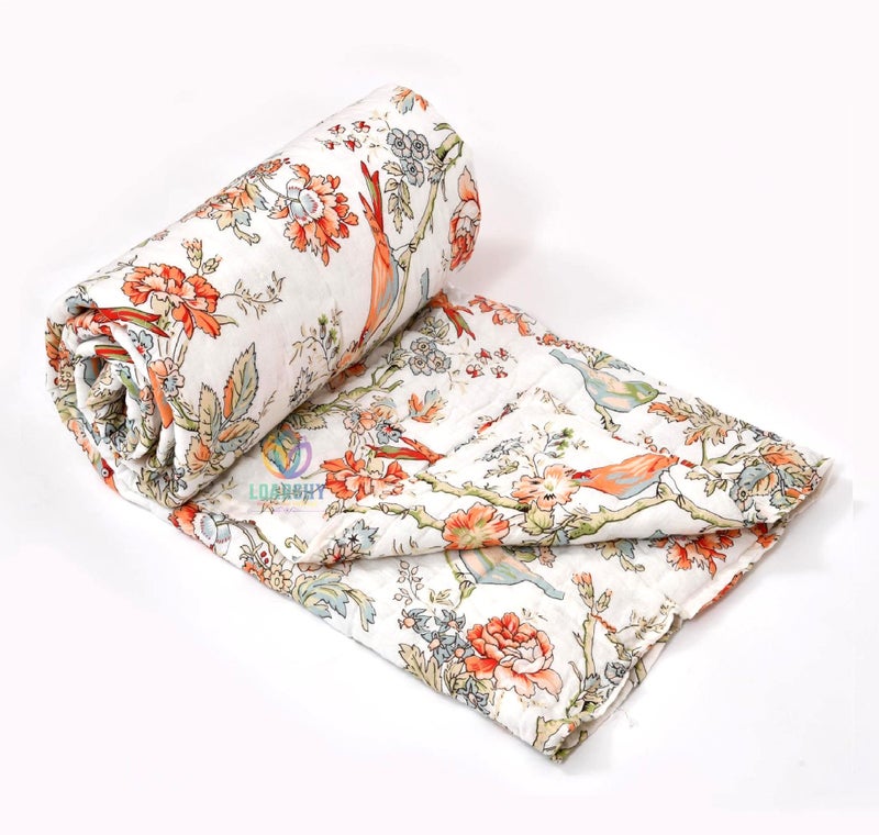 LOARSHY Rajasthani Jaipuri Cotton Single Bed Razai Birds and Floral Hand Block Printed AC Rajai Light Weight Soft Malmal Quilt (Multicolor) - Image 5
