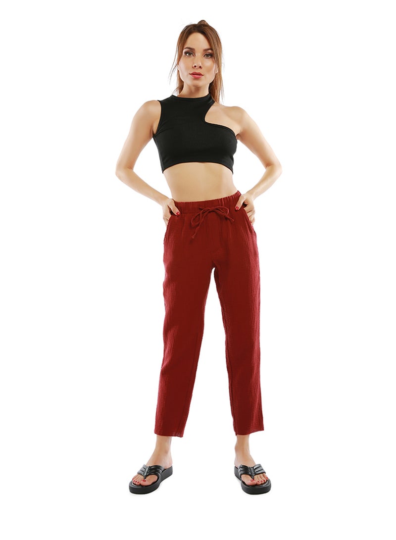 لندن راج بنطلون صيفي ضيق من الأسفل برباط باللون العنابي. - Image 1