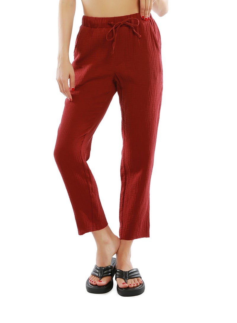 لندن راج بنطلون صيفي ضيق من الأسفل برباط باللون العنابي. - Image 2