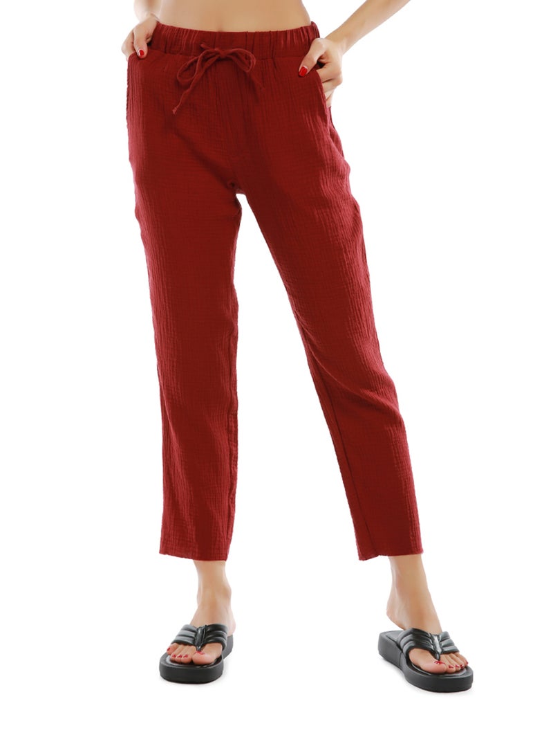 لندن راج بنطلون صيفي ضيق من الأسفل برباط باللون العنابي. - Image 3