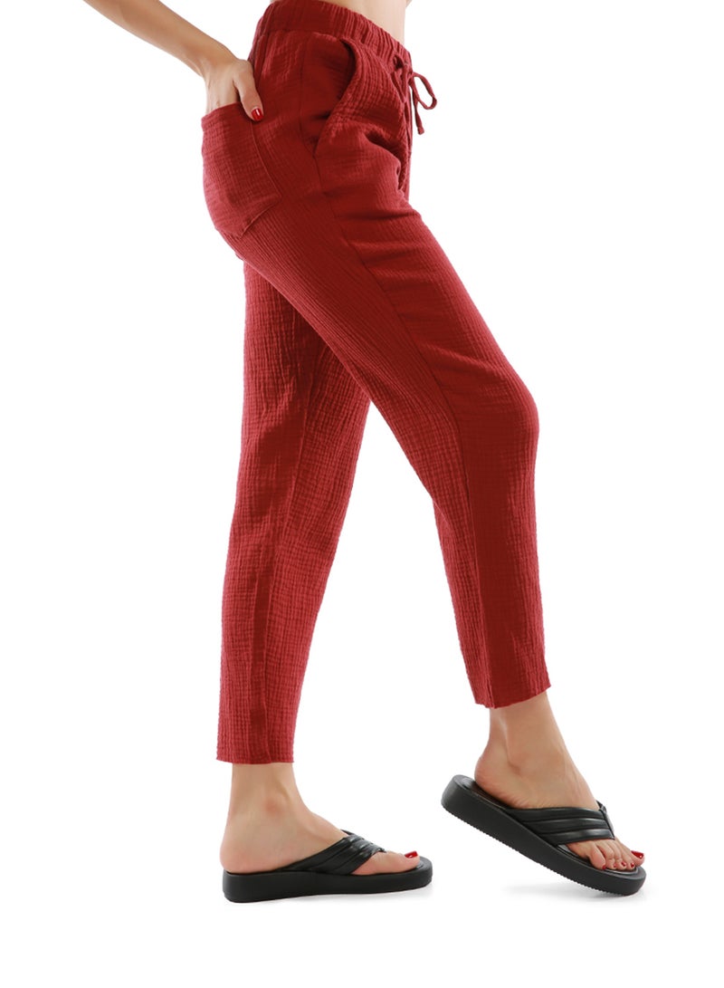 لندن راج بنطلون صيفي ضيق من الأسفل برباط باللون العنابي. - Image 4