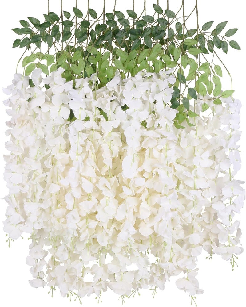 INSUNSIX 12Pack Wisteria Hanging Artificial Flowers 3.6ft Wisteria Silk Flowers Garland Fake Bushy Vine Faux Ratta String for Wedding Arch Party Garden Greenery Home Wall Backdrop Decor (Milk White) - Image 1