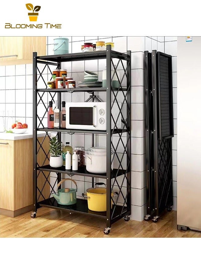 بلومنغ تايم رف تخزين قابل للطي من 5 طبقات مع عجلات ، بسيط ومريح بدون تجميع ، أرفف ذات سعة كبيرة ، مرآب ، مطبخ ، عربة معدنية سوداء شديدة التحمل - Image 2