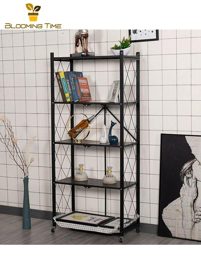 بلومنغ تايم رف تخزين قابل للطي من 5 طبقات مع عجلات ، بسيط ومريح بدون تجميع ، أرفف ذات سعة كبيرة ، مرآب ، مطبخ ، عربة معدنية سوداء شديدة التحمل - Image 1