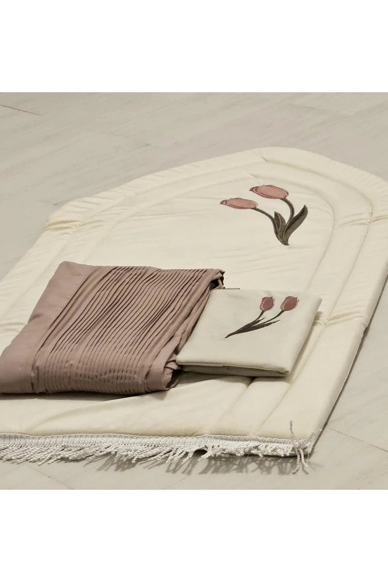 Embroidered sponge prayer rug with Quran cover and prayer sheet - Sugar/Beige - Image 2