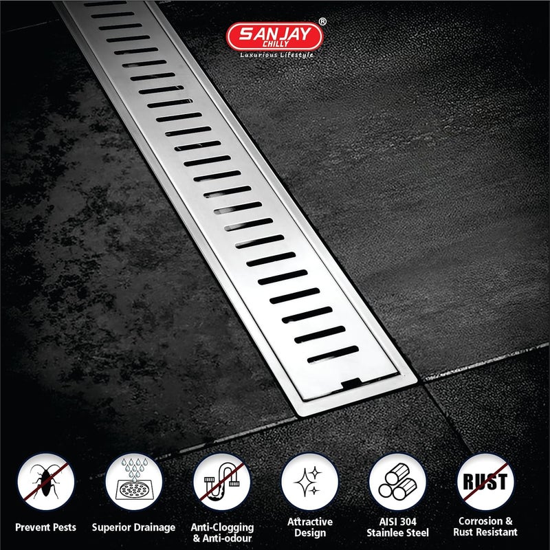 SANJAY CHILLY Classic Shower Drain Channel with Collar Floor Drain Jali Water Drainer Stainless Steel 304 Grade with Cockroach Trap (Side Hole 32x4 INCH) - Image 4