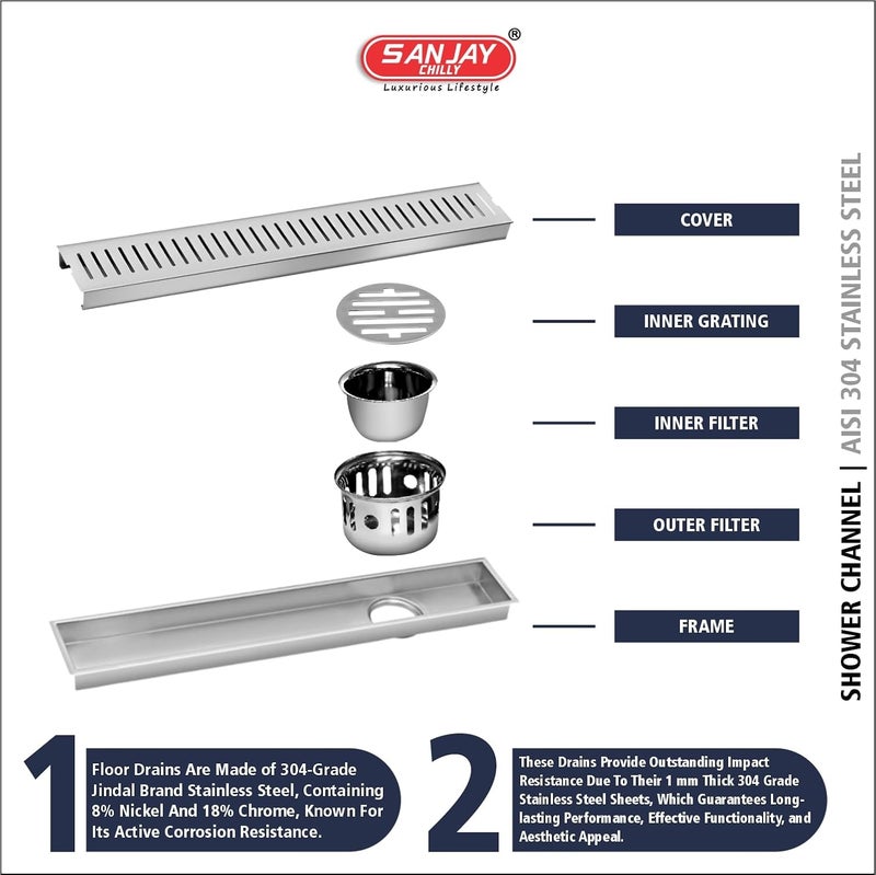 SANJAY CHILLY Classic Shower Drain Channel with Collar Floor Drain Jali Water Drainer Stainless Steel 304 Grade with Cockroach Trap (Side Hole 32x4 INCH) - Image 3