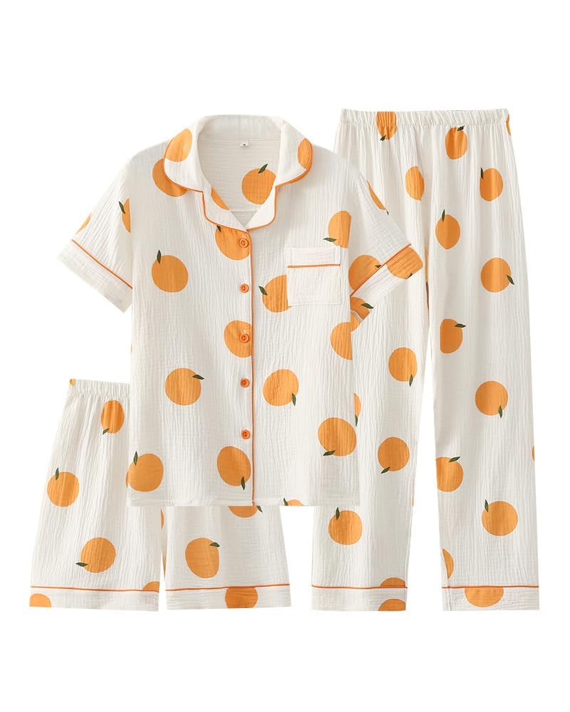 codcm Womens 3pcs Cotton Pajamas Set Short Sleeve Sleepwear Fruit Print Cute Pj Set with Long Pants(White,Medium)