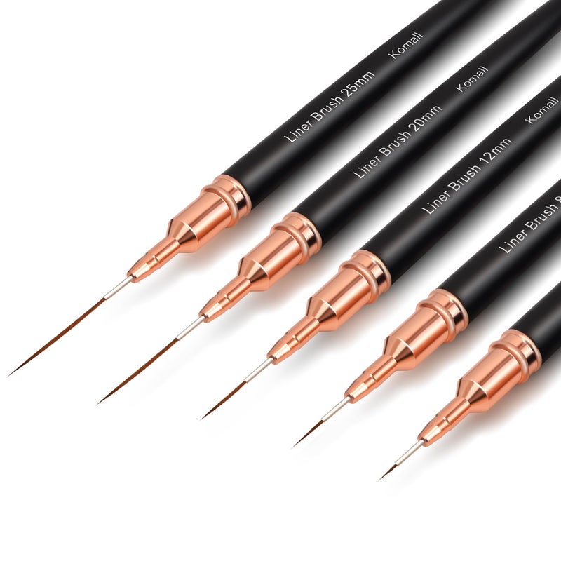 Komall Metallic Nail Art Brushes, 5Pcs Liner Brush Set, UV Gel Polish Painting Art Design Pen for Long Lines, Thin Details, Fine Drawing Sizes 4/8/12/20/25mm(Black) - Image 1