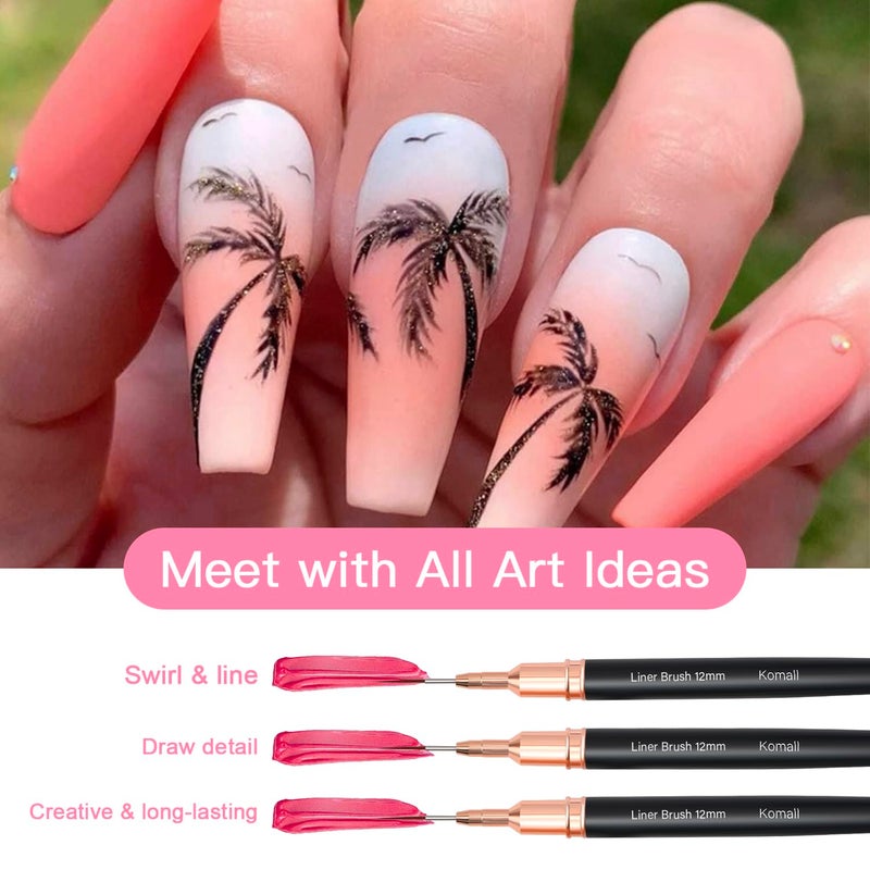 Komall Metallic Nail Art Brushes, 5Pcs Liner Brush Set, UV Gel Polish Painting Art Design Pen for Long Lines, Thin Details, Fine Drawing Sizes 4/8/12/20/25mm(Black) - Image 2
