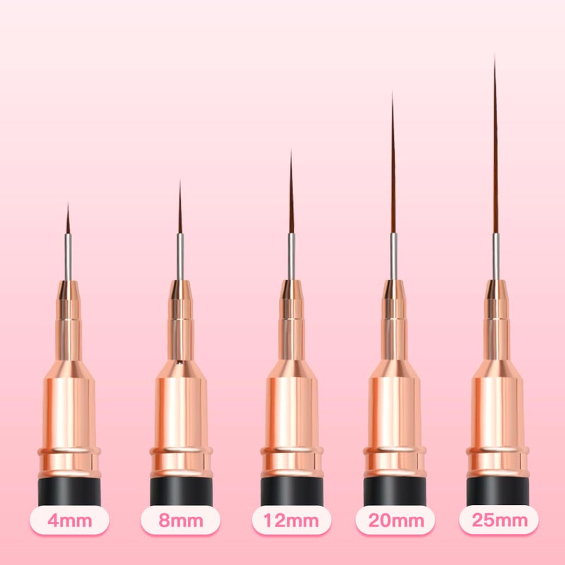 Komall Metallic Nail Art Brushes, 5Pcs Liner Brush Set, UV Gel Polish Painting Art Design Pen for Long Lines, Thin Details, Fine Drawing Sizes 4/8/12/20/25mm(Black) - Image 4