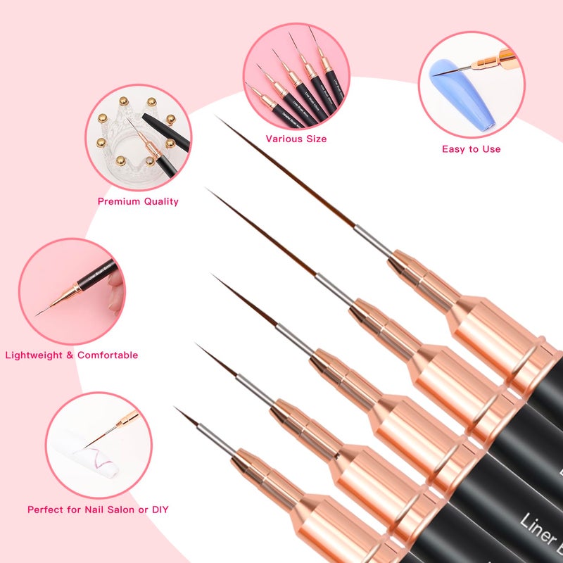 Komall Metallic Nail Art Brushes, 5Pcs Liner Brush Set, UV Gel Polish Painting Art Design Pen for Long Lines, Thin Details, Fine Drawing Sizes 4/8/12/20/25mm(Black) - Image 5