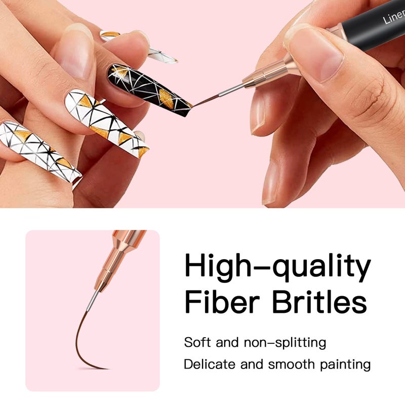 Komall Metallic Nail Art Brushes, 5Pcs Liner Brush Set, UV Gel Polish Painting Art Design Pen for Long Lines, Thin Details, Fine Drawing Sizes 4/8/12/20/25mm(Black) - Image 3