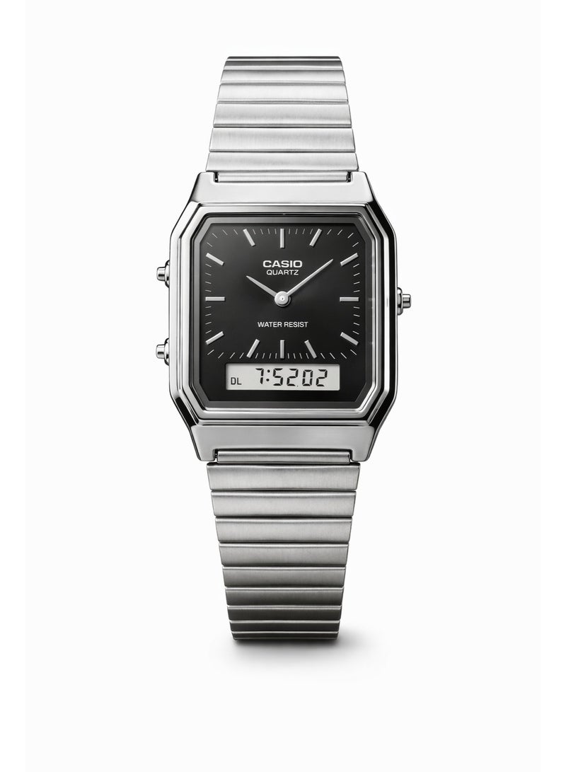 ساعة كاسيو كوارتز تناظرية-رقمية من الفولاذ المقاوم للصدأ بمينا أسود