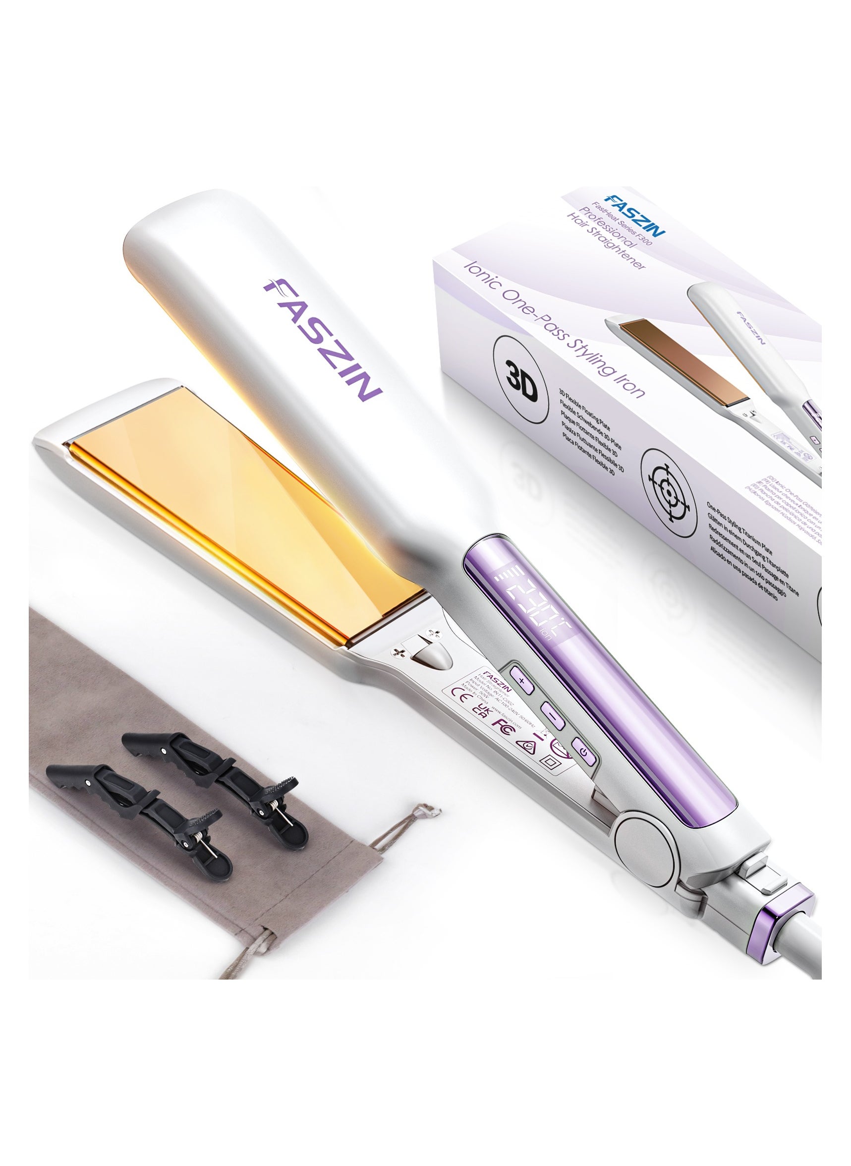 Professional Hair Straightener 42MM Wide-Plate Titanium Negative Ion Flat Iron 30s Rapid Heating LED Real-Time Temp Display Wide Voltage 10 Adjustable Temperature Levels (130°C-230°C) 