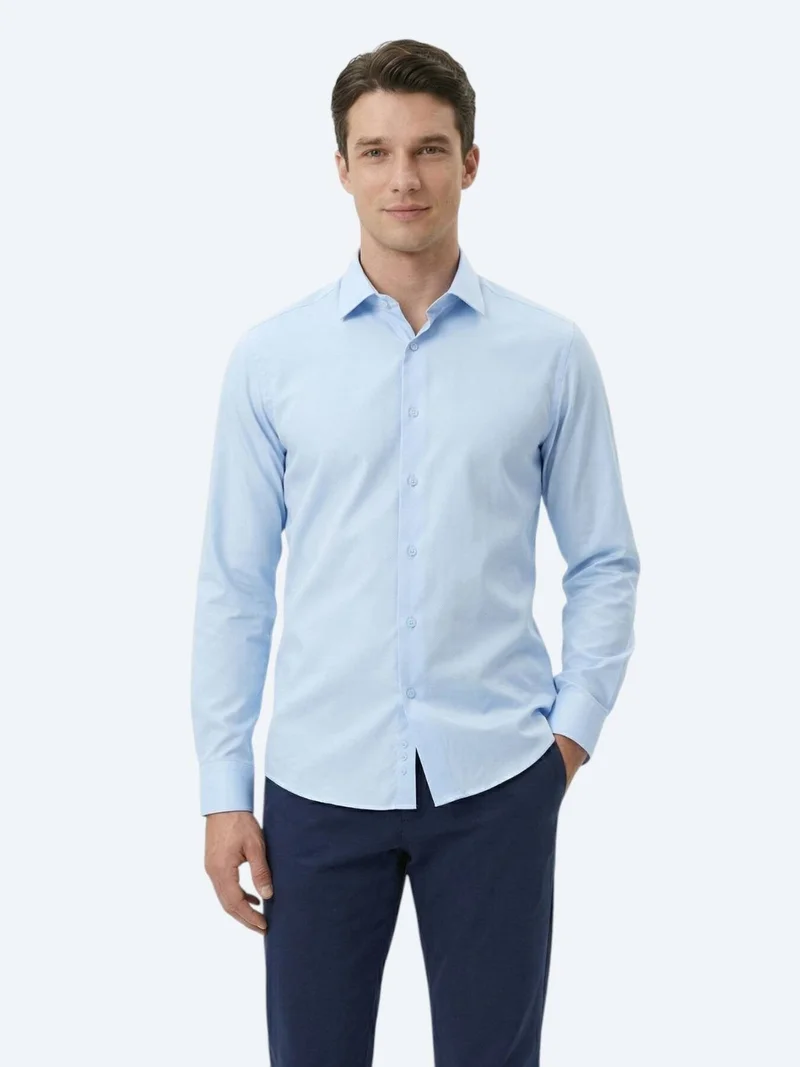 كيب قميص أزرق سادة بقصة عادية طويلة منسوج كلاسيكي مصنوع من القطن بنسبة 100%