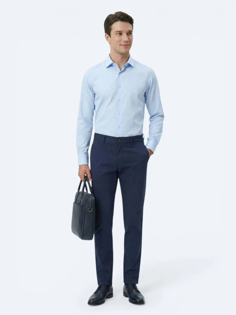 Kip Blue Plain Regular Fit Long Weaving Classical 100% Cotton Shirt