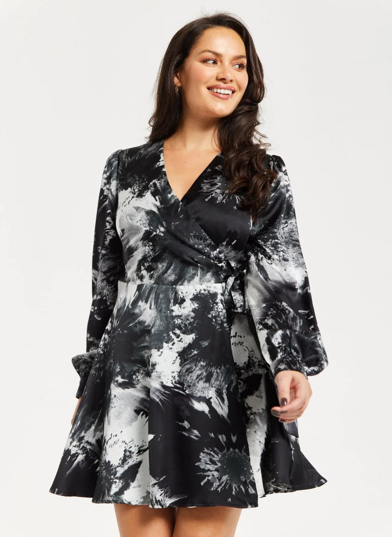 Liquorish Mono Abstract Print Mini Wrap Dress